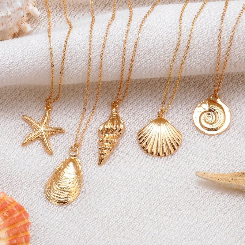 Hesiod Antique Gold Color Chain Summer Beach Jewlery Starfish Shell Pendant Necklace for Women - Charlie Dolly