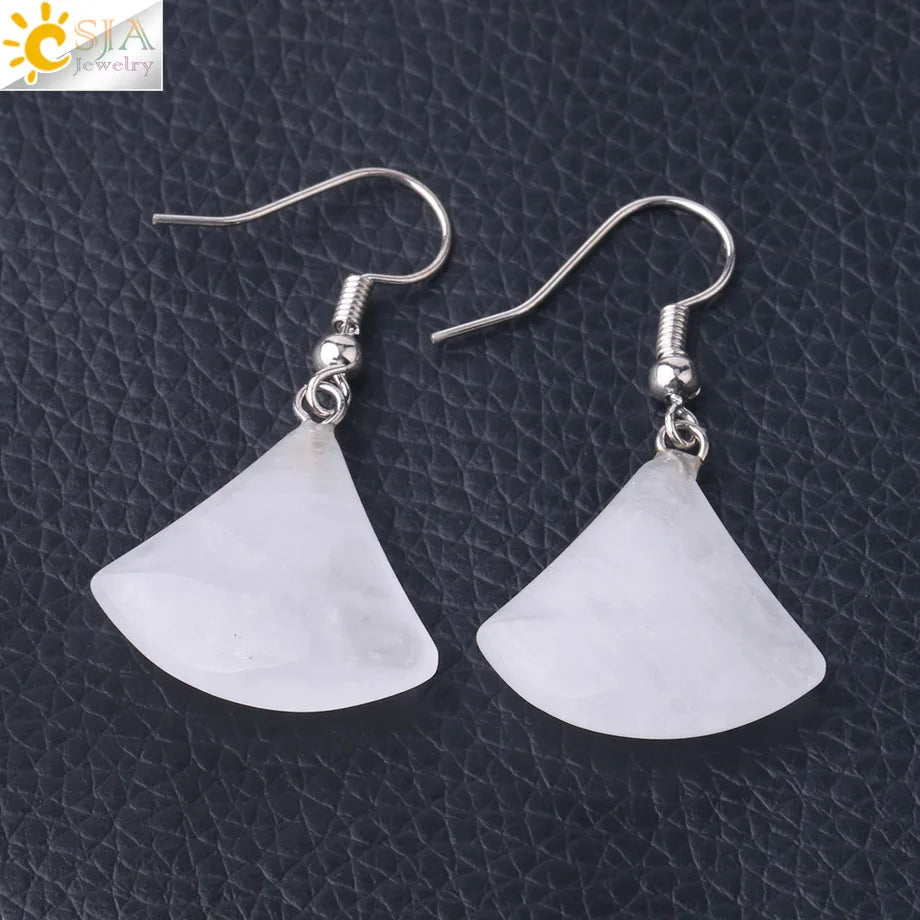 1pc Natural Stone Drop Earrings for Women Small Fan-shaped Earring Purple Pink Quartz Lapis Lazuli Crystal Tiger Eye F828
