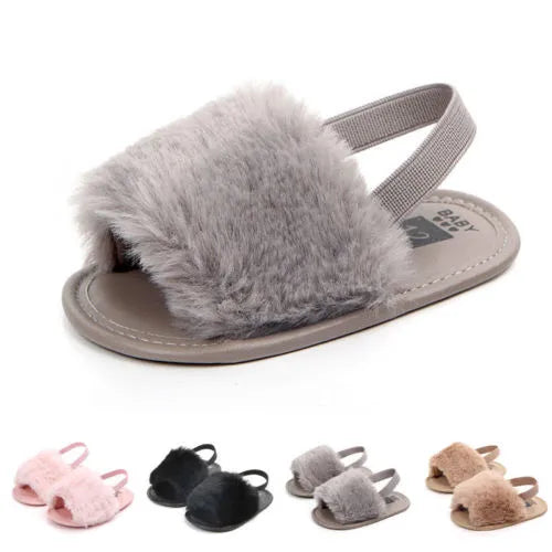 Newborn Baby Girl Soft Sole Crib Shoes Cute Fluffy Fur Summer Slippers Sandals - Charlie Dolly