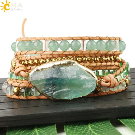 CSJA Natural Stone Bracelets Green Fluorite Crystal Aventurine Bead Leather Wrap Bracelet Multilayer Boho Jewelry Pulseira G118 - Charlie Dolly