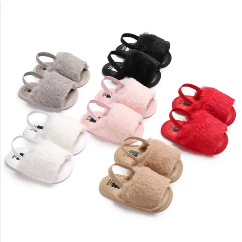 Newborn Baby Girl Soft Sole Crib Shoes Cute Fluffy Fur Summer Slippers Sandals - Charlie Dolly
