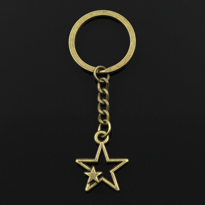 Fashion 30mm Key Ring Metal Key Chain Keychain Jewelry Antique Bronze Silver Color Plated Hollow Double Star 27x21mm Pendant - Charlie Dolly