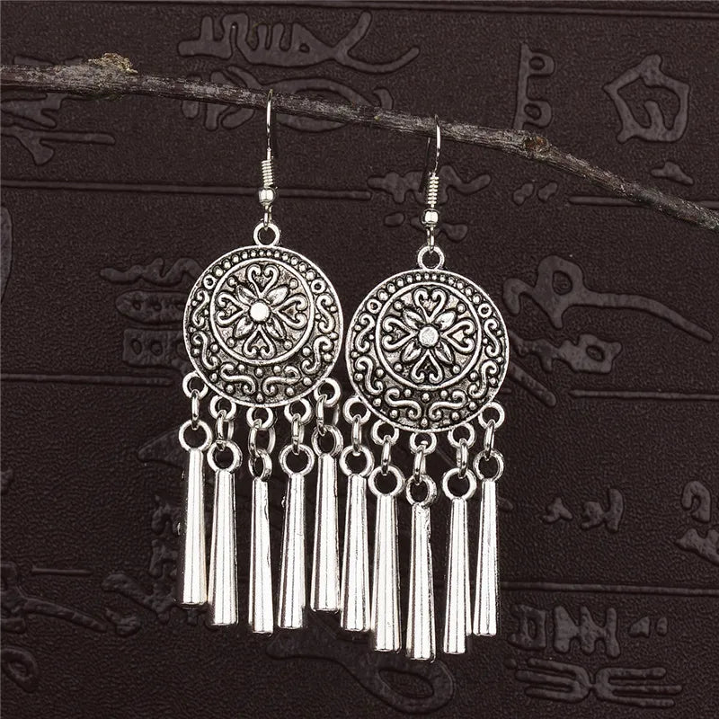 2020 Ethnic Indian Women's Flower Hollow Gypsy Silver Color Drop Earrings Cylindrical Tassel Boho Tribal Jewelry India Jhumki