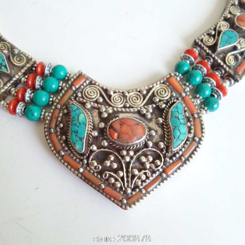 TNL151  Master Design Nepal Indian brass inlaid Stone coral pendant necklace Multi Statements Big Pendants BOHO Necklace - Charlie Dolly