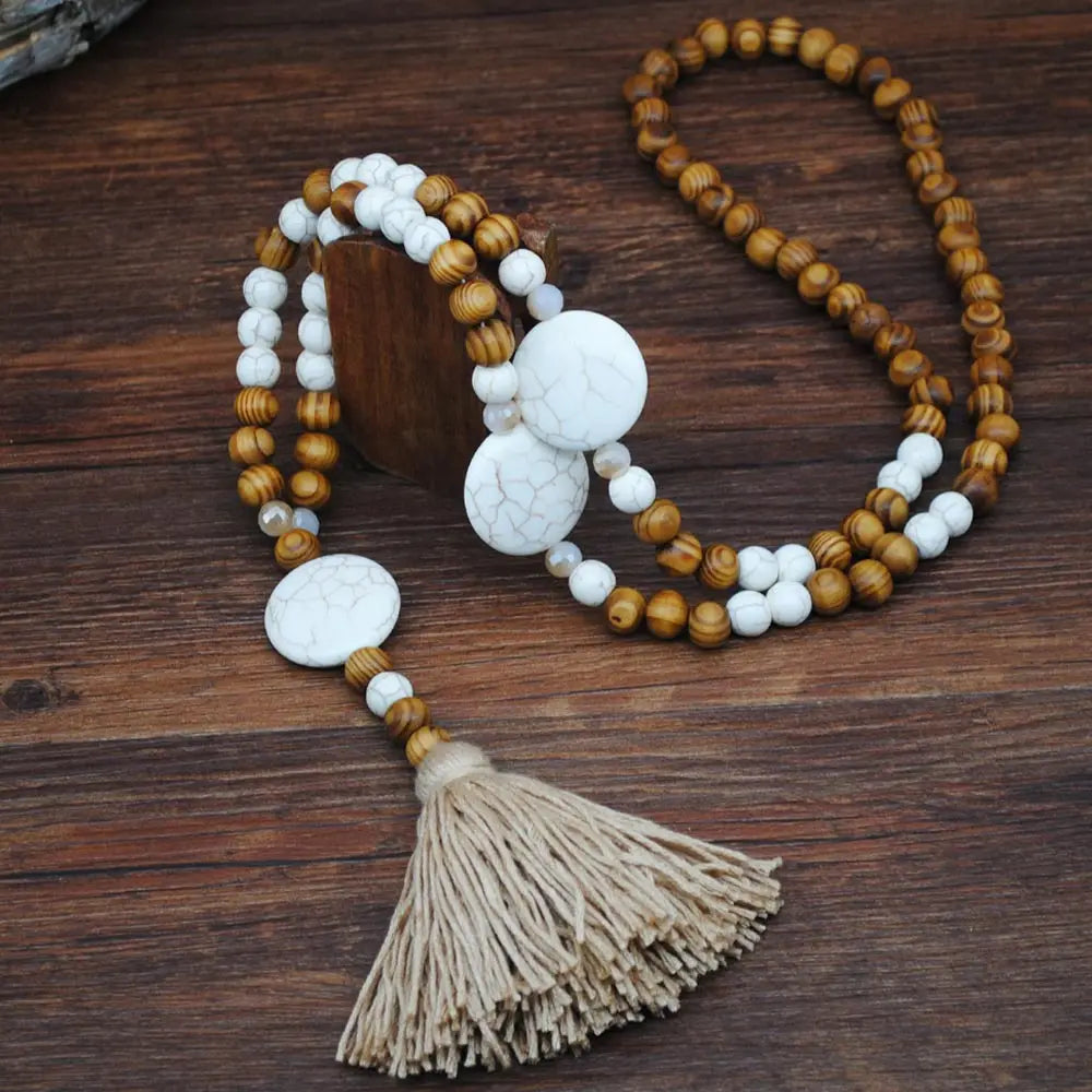 Wood Bead Star Tassel Long Necklace Jewelry