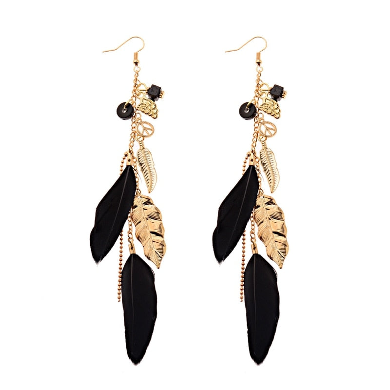 Bohemian Gold Color Long Alloy Tassel Earrings Women Kolczyki Vintage Wood Beads Feather Statement Earrings Fashion Jewelry 2019 - Charlie Dolly