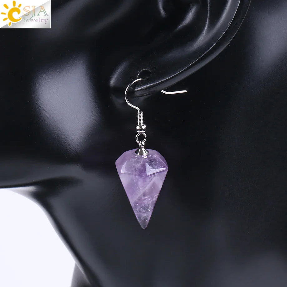 CSJA Bohemian Pyramid Drop Earrings Jewelry Earrings for Women Natural Stone Pink White Purple Crystal Quartz Lapis Lazuli E736