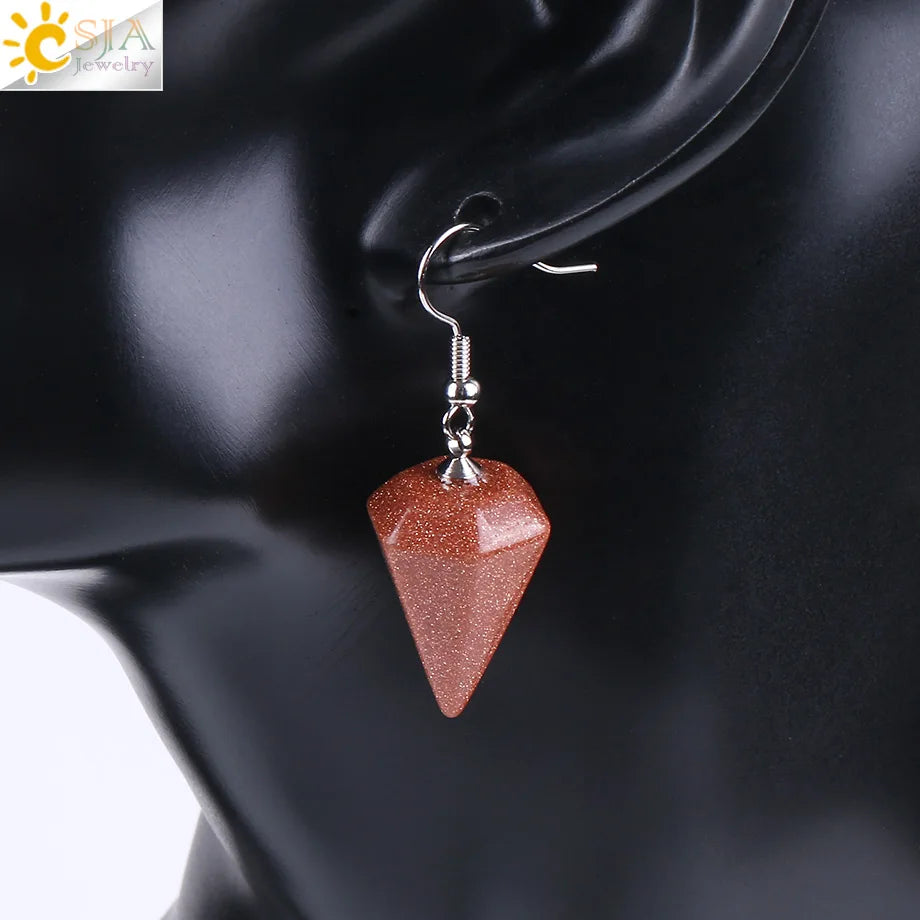 CSJA Bohemian Pyramid Drop Earrings Jewelry Earrings for Women Natural Stone Pink White Purple Crystal Quartz Lapis Lazuli E736