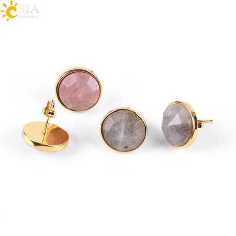 CSJA Gold Color Round Stud Earrings Natural Gem Precious Stone Green Black Obsidian Lapis Lazuli Amethysts Crystal Jewelry E597 - Charlie Dolly