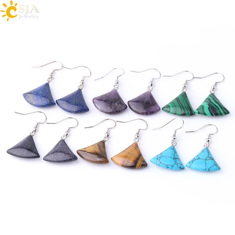 1pc Natural Stone Drop Earrings for Women Small Fan-shaped Earring Purple Pink Quartz Lapis Lazuli Crystal Tiger Eye F828 - Charlie Dolly