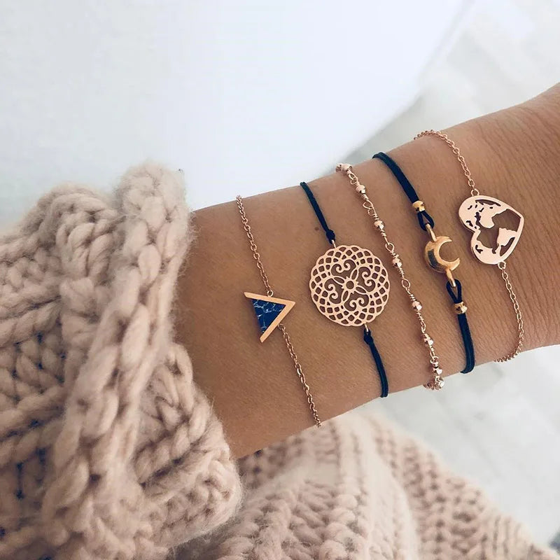 Boho Bangle For women Turtle Elephant Heart Shell Star Moon Bow Arrow Map Crystal Charm Bead Bracelet Set Bohemian Jewelry