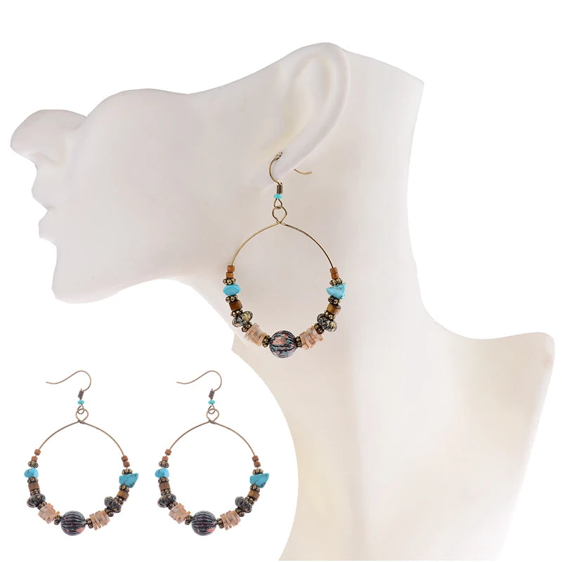DOUVEI 2021 Ethnic Bohemia Women's Gypsy Big Bronze Wood Beads Round Drop Boho Earrings Vintage Style For Female HQE741