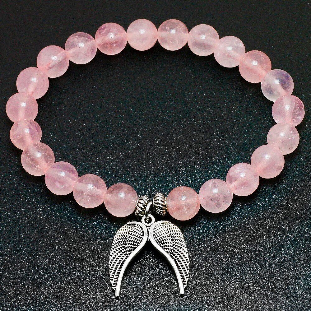 Reiki Natural Pink Quartz with Angel Wings Pendent Bracelet Women Stone Mala Beads Charms Meditation Ethnic Handmade Jewelry - Charlie Dolly