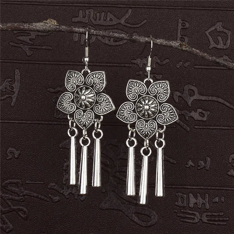 Silver Jhumka Flower Tassel Ethnic Earrings Jewelry