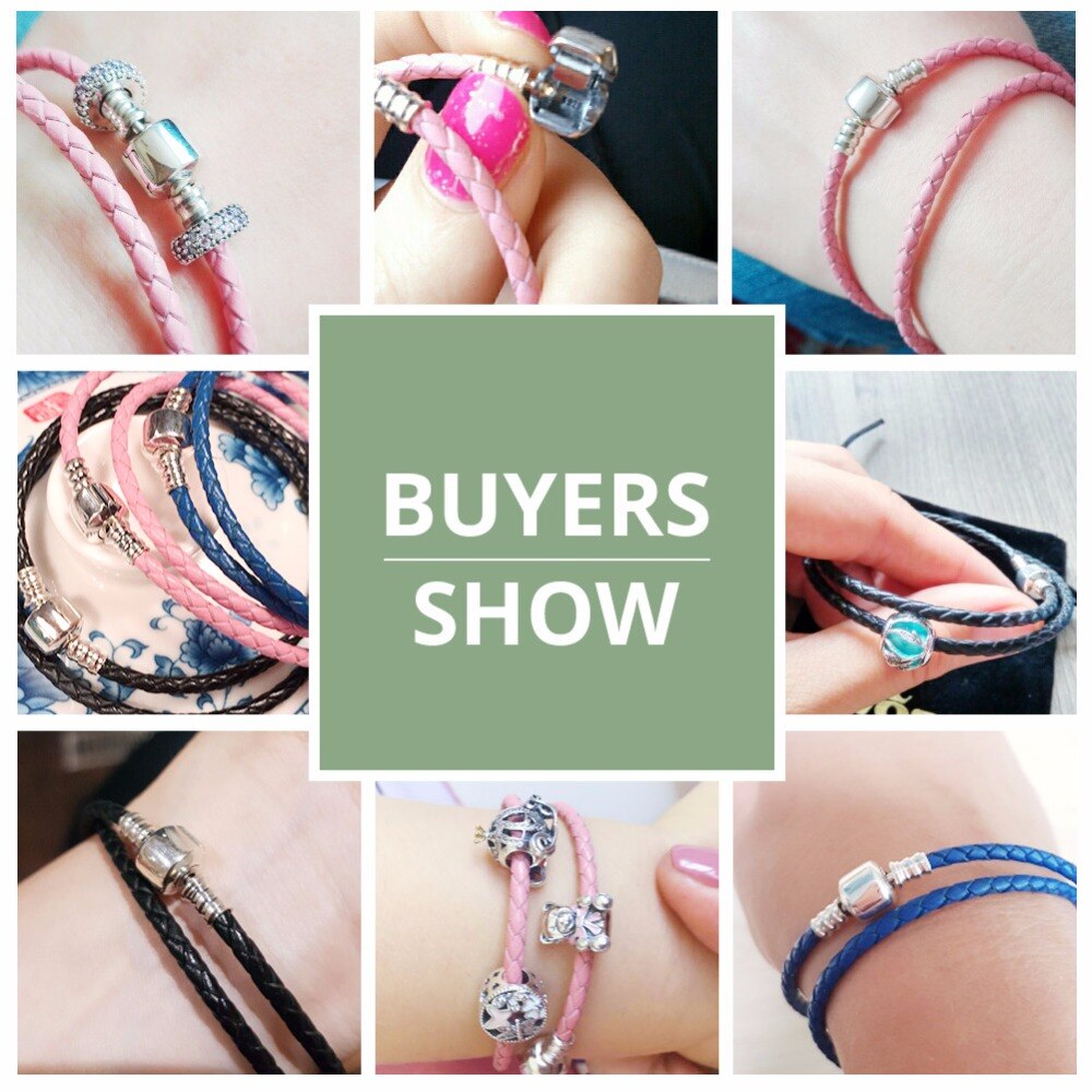 BAMOER Genuine Long Double Pink Black Braided Leather Chain Women Bracelets with 925 Sterling Silver Snake Clasp PAS908 - Charlie Dolly