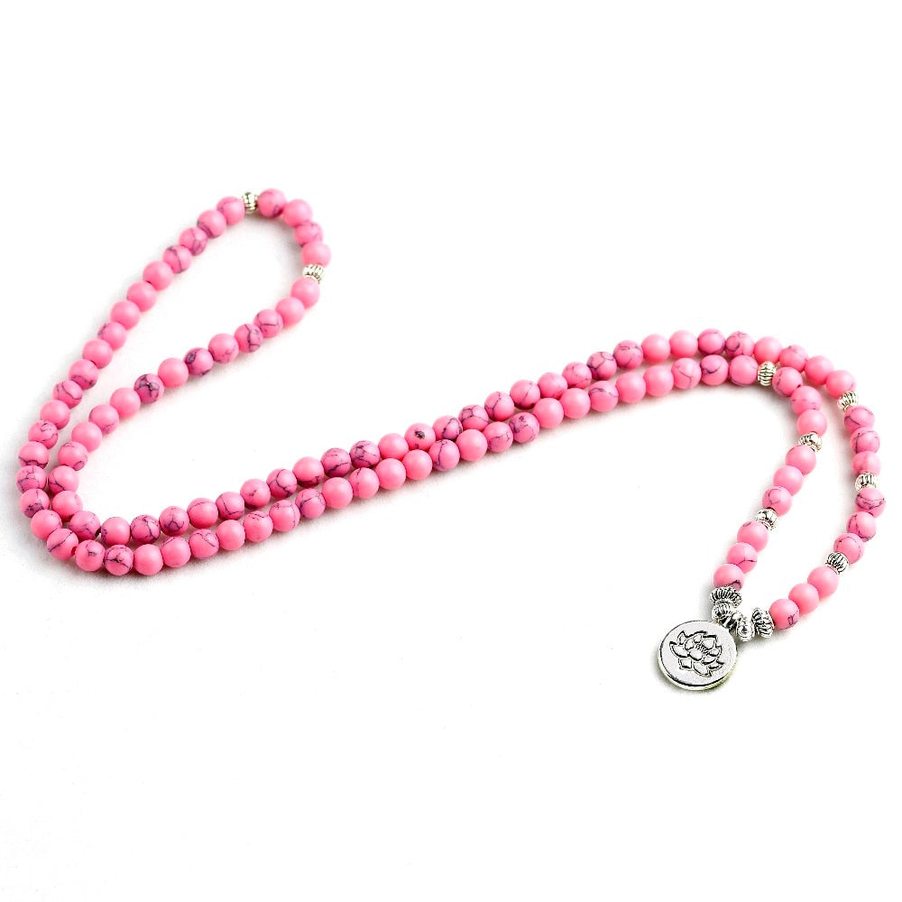 108 Beads Mala Bracelet Necklace 6mm Pink Howlite Buddha Bracelet Prayer Buddhist Charm for Women Girls Yoga Jewelry - Charlie Dolly