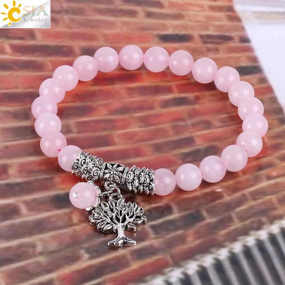CSJA Reiki Pink Quartz Diffuser Bracelet Natural Crystal Gem Stone Mala Beads Tree of Life Charms Meditation Ethnic Jewelry E723 - Charlie Dolly