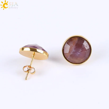 CSJA Gold Color Round Stud Earrings Natural Gem Precious Stone Green Black Obsidian Lapis Lazuli Amethysts Crystal Jewelry E597 - Charlie Dolly