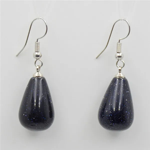 Natural Stone Tear Water Drop Beads Pendant Dangle Earring Black Obsidian Pink Clear Quartz Drop Hook Earrings Women Jewelry