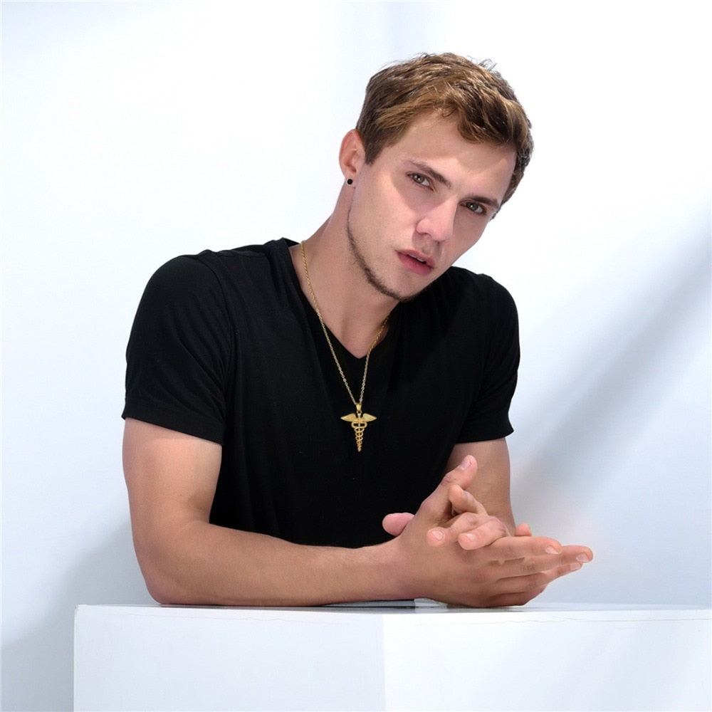 U7 Caduceus Pendants Necklace Medical Symbol Nurse Doctor Stainless Steel Double Snake Wings Mythology Necklaces for Women Men - Charlie Dolly