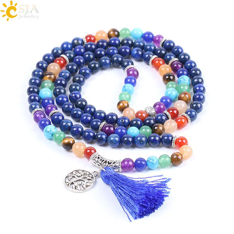 7 Chakra Natural Gem Stone Mala Tassel Long Boho Necklace