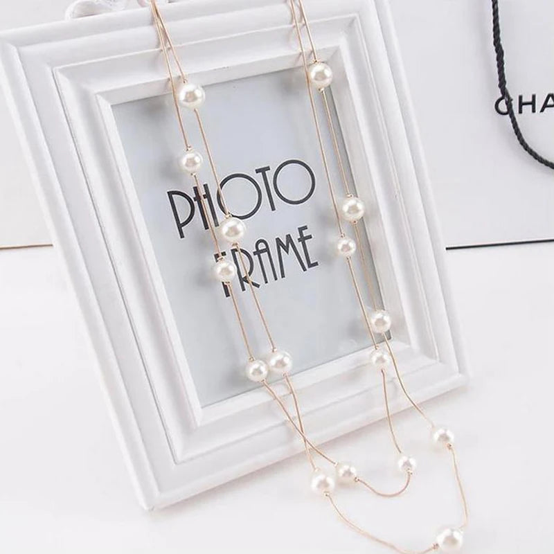 Simulated Pearl Long Double Layer Necklace Jewelry