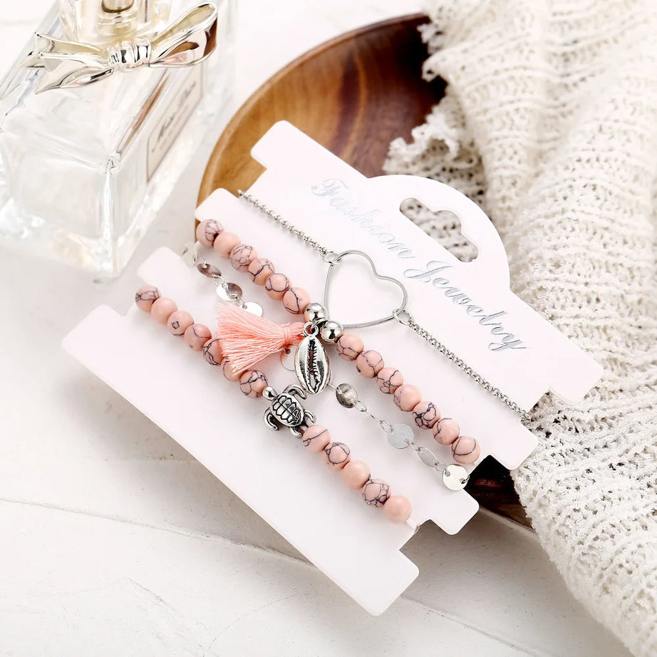 Boho Charm and Crystal Bead Bangle Bracelet Set