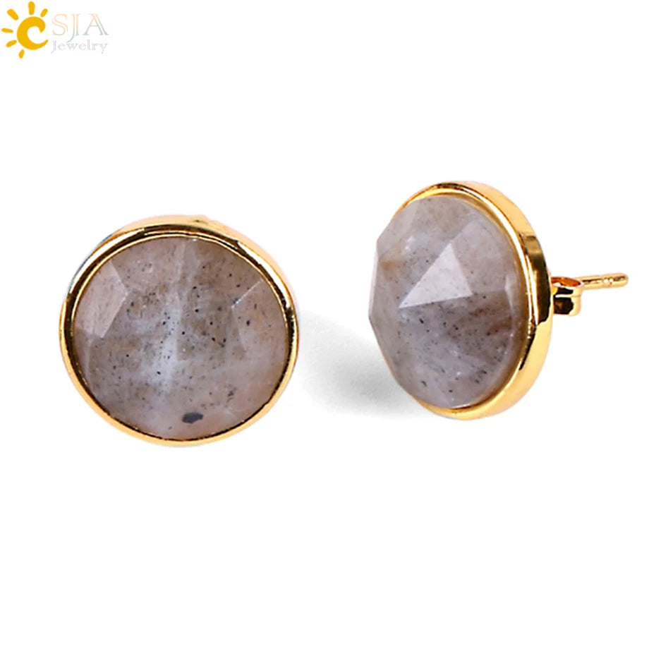 CSJA Gold Color Round Stud Earrings Natural Gem Precious Stone Green Black Obsidian Lapis Lazuli Amethysts Crystal Jewelry E597