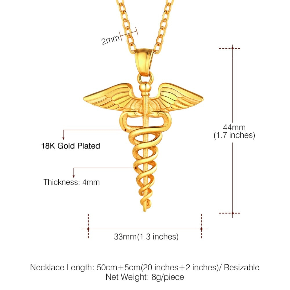U7 Caduceus Pendants Necklace Medical Symbol Nurse Doctor Stainless Steel Double Snake Wings Mythology Necklaces for Women Men