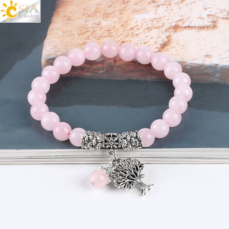 CSJA Reiki Pink Quartz Diffuser Bracelet Natural Crystal Gem Stone Mala Beads Tree of Life Charms Meditation Ethnic Jewelry E723 - Charlie Dolly
