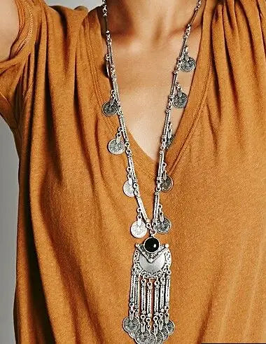 Turkish Coin Stone Tassel Bib Choker Necklace Jewelry