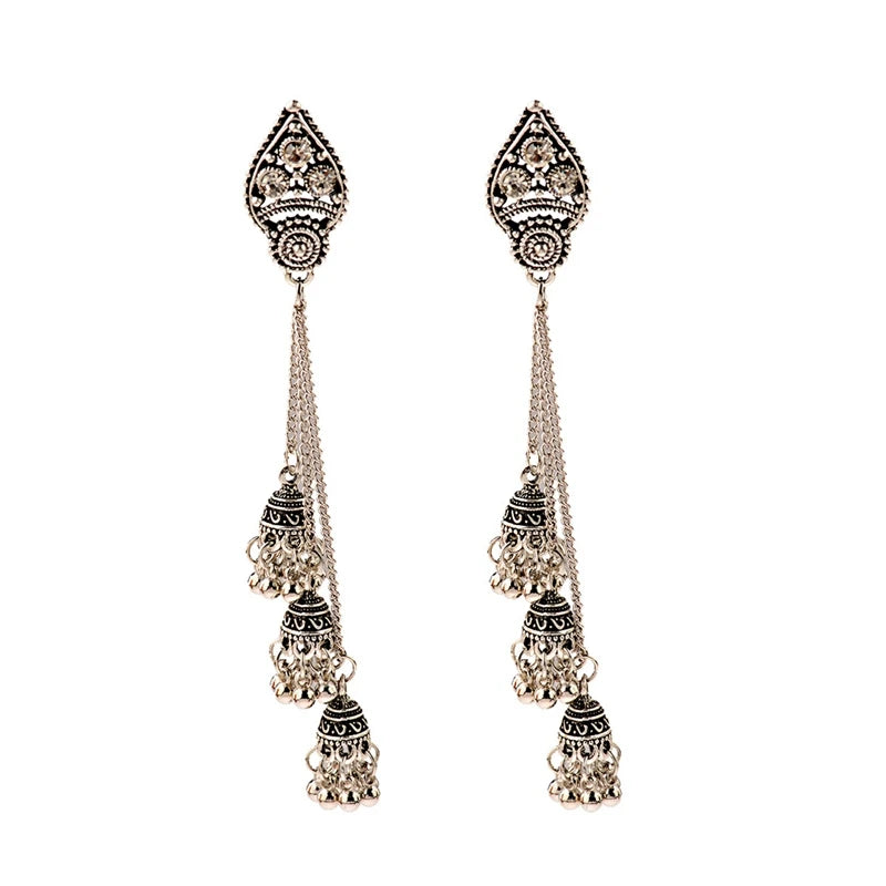 Indian Jhumka Earrings Gold Sliver Color Big Bells Drop Long Tassel Earring For Women Boho Gypsy Jewelry Gift