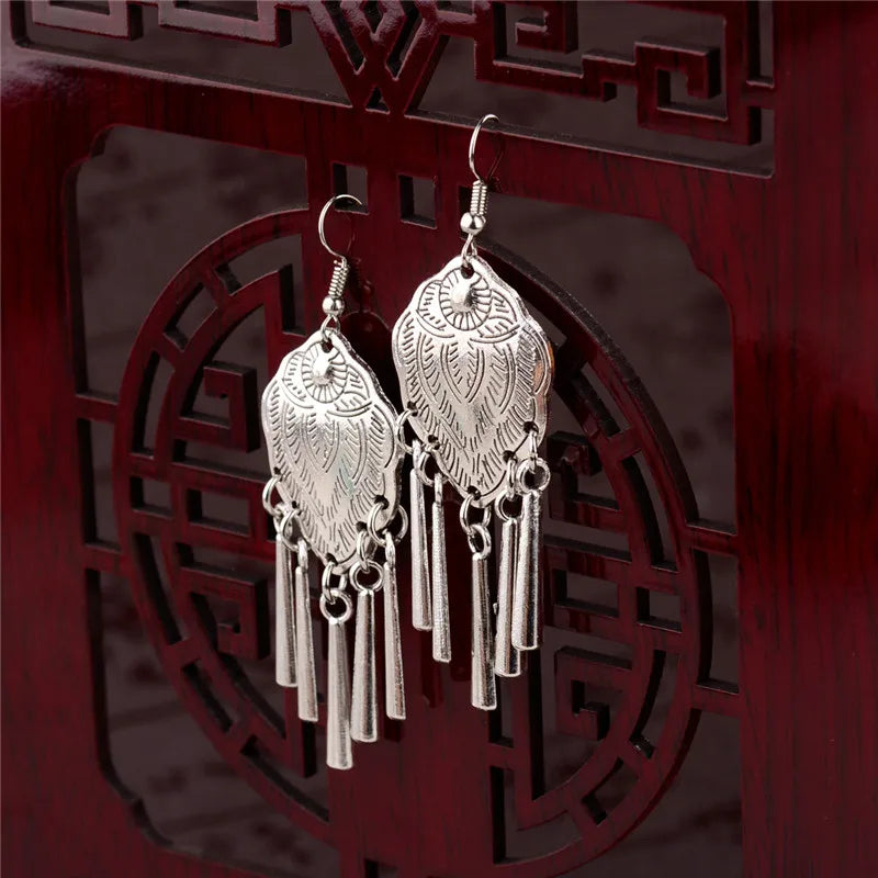 2020 Ethnic Indian Women's Flower Hollow Gypsy Silver Color Drop Earrings Cylindrical Tassel Boho Tribal Jewelry India Jhumki
