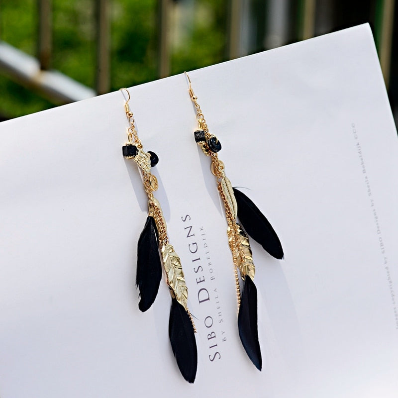 Bohemian Gold Color Long Alloy Tassel Earrings Women Kolczyki Vintage Wood Beads Feather Statement Earrings Fashion Jewelry 2019 - Charlie Dolly