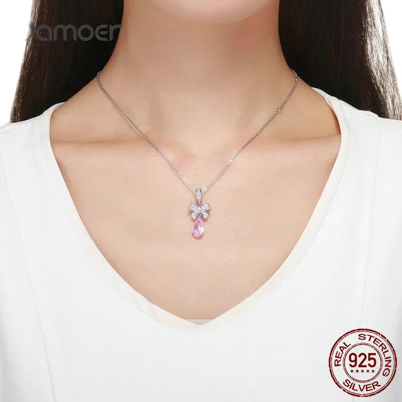 BAMOER Valentine Gift 925 Sterling Silver Pink Bowknot Droplet CZ Crystal Charms Pendant fit Chain Necklaces Jewelry SCC1074