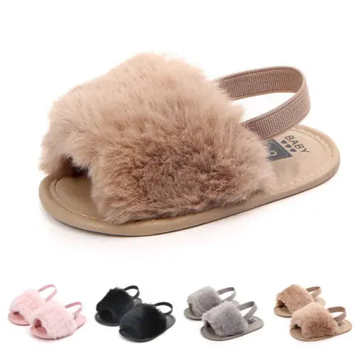 Newborn Baby Girl Soft Sole Crib Shoes Cute Fluffy Fur Summer Slippers Sandals - Charlie Dolly