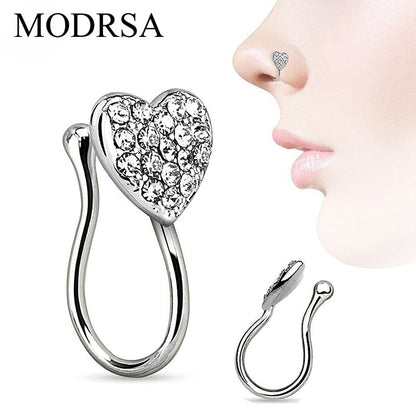 MODRSA 1Piece Heart With Gems Clip On Nose Ring Fake Non Piercing Septum Nose Clip Splint Crystal Nose Rings Hoop Body Jewelry
