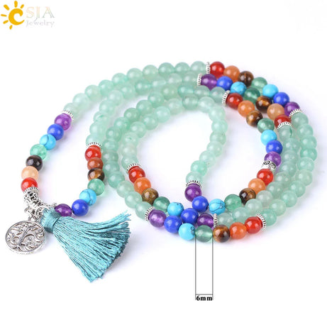7 Chakra Natural Gem Stone Mala Tassel Long Boho Necklace