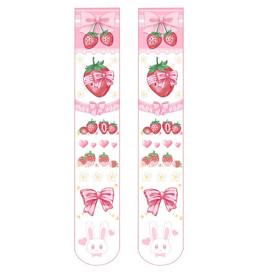 Women Sexy Thigh High Stockings Autumn 3D Printing Red Strawberry Pink Sweet Kawaii Over Knee Stocking Cosplay Quadratic Element - Charlie Dolly