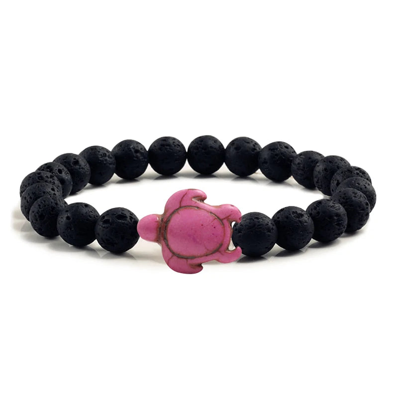 Summer Beach Sea Turtle Beads Bracelet for Men Charm Black Lava Natural Stone Strand Bracelets Elastic Women Boho Jewelry Gifts