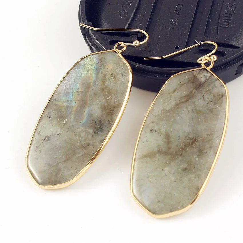 Natural Crystal Rose Pink Quartz Labradorite Lapis Lazuli Tiger Eye Stone Turquoise Oval Dangle Hook Women Earrings Jewelry