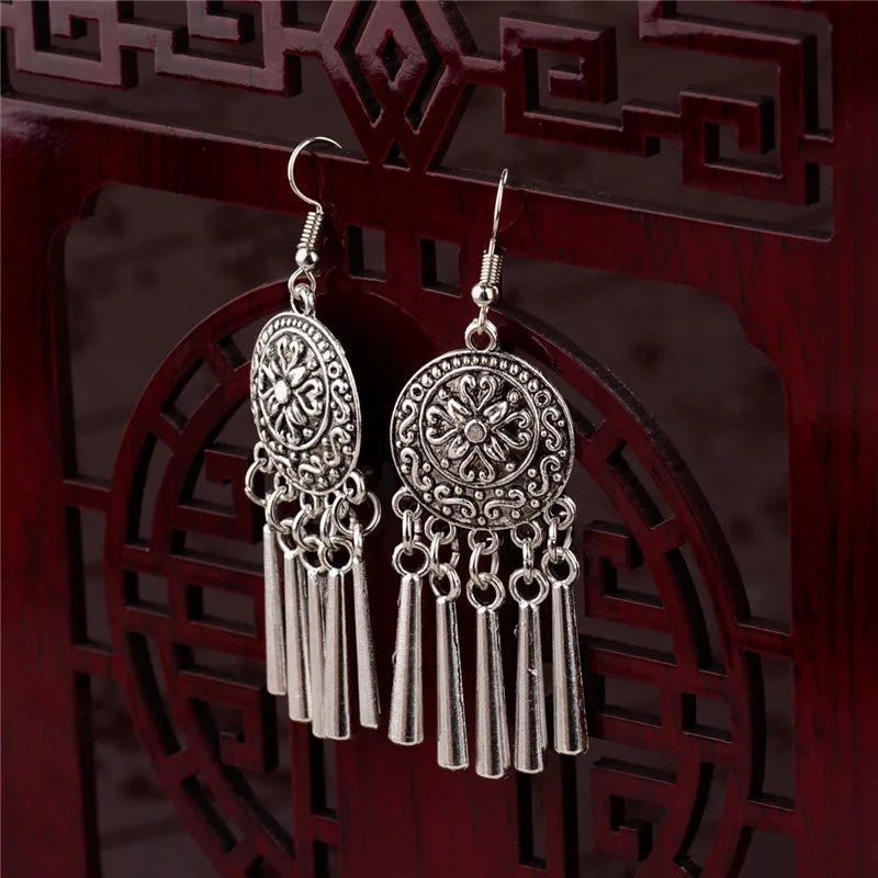 2020 Ethnic Indian Women's Flower Hollow Gypsy Silver Color Drop Earrings Cylindrical Tassel Boho Tribal Jewelry India Jhumki