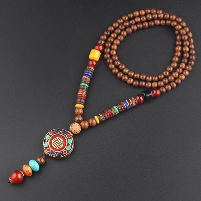 Vintage Nepal Long Buddhist Mala Wood Beaded Pendant &amp; Necklace Ethnic Bohemian Boho Buddha Lucky Jewelry for Women Men - Charlie Dolly