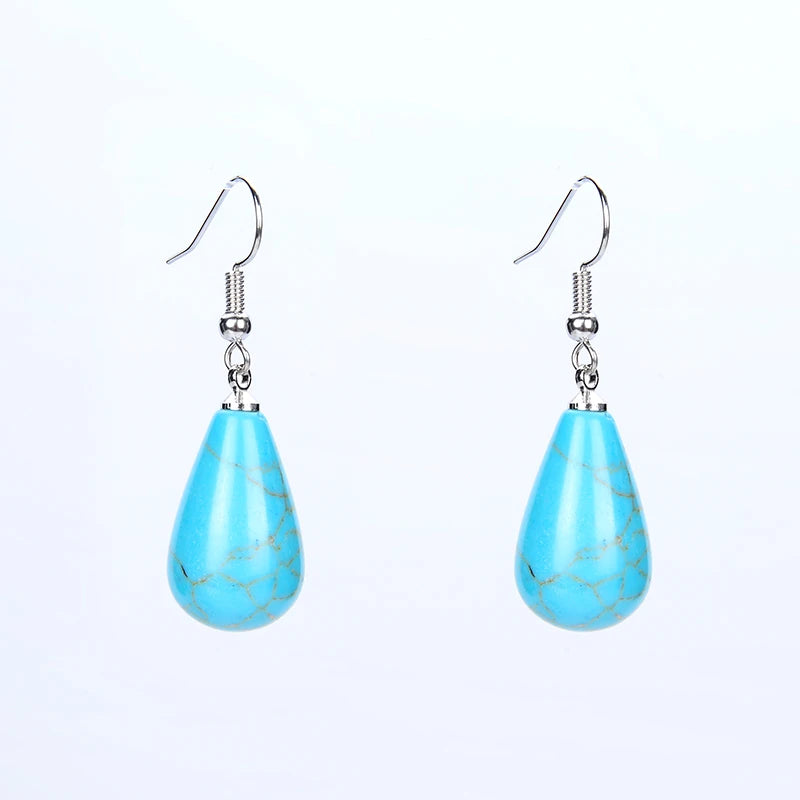 Natural Stone Tear Water Drop Beads Pendant Dangle Earring Black Obsidian Pink Clear Quartz Drop Hook Earrings Women Jewelry