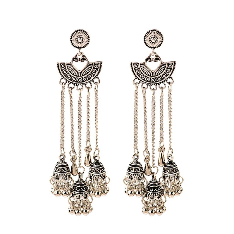 Indian Jhumka Earrings Gold Sliver Color Big Bells Drop Long Tassel Earring For Women Boho Gypsy Jewelry Gift