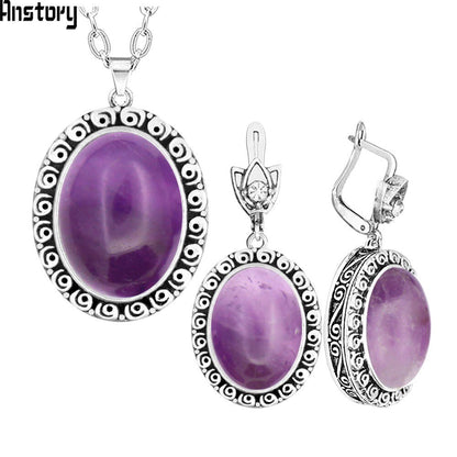 Oval Pink Quartz Amethysts Natural Stone Jewelry Set Snail Flower Antique Silver Plated Necklace Earrings Vintage Jewelry TS480