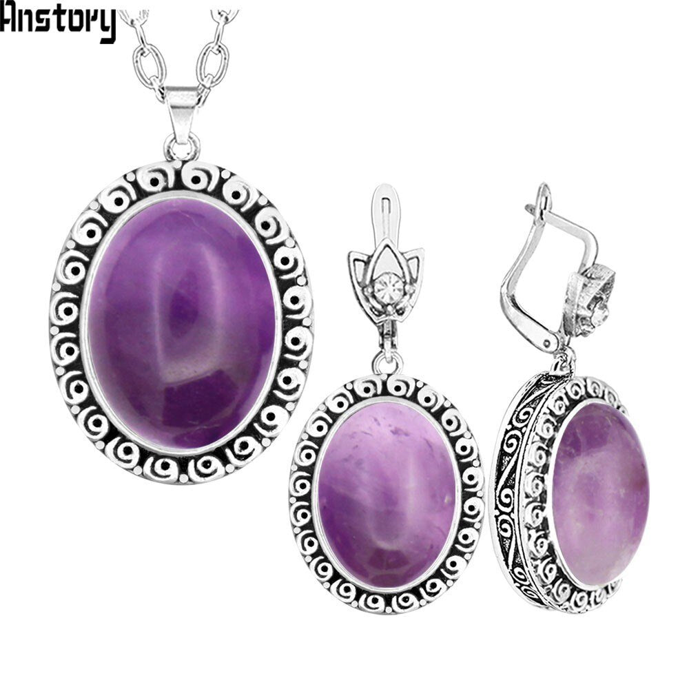 Oval Pink Quartz Amethysts Natural Stone Jewelry Set Snail Flower Antique Silver Plated Necklace Earrings Vintage Jewelry TS480 - Charlie Dolly