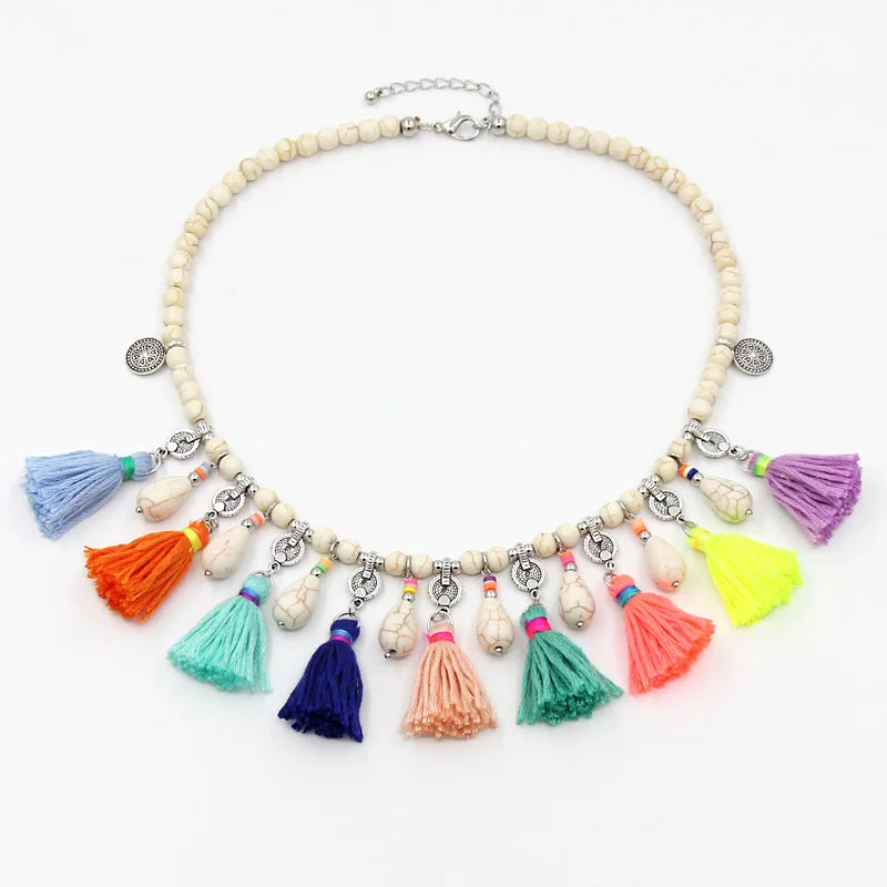 Boho Jewelry Women Statement Necklace Natural Stone Beaded Strand Tassel Water Drop Pendant Necklace Jewelry Sweater Chain