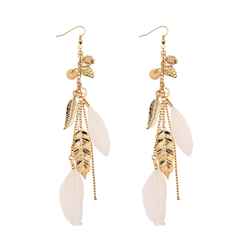 Bohemian Gold Color Long Alloy Tassel Earrings Women Kolczyki Vintage Wood Beads Feather Statement Earrings Fashion Jewelry 2019 - Charlie Dolly