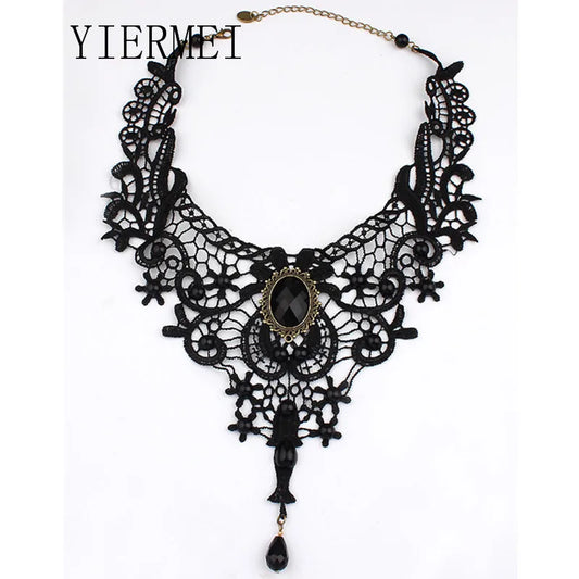 Gothic Chokers Black Beaded Flowers Sexy Lace Neck Choker Necklace Vintage Tassel Chain Women Steampunk Halloween Jewelry